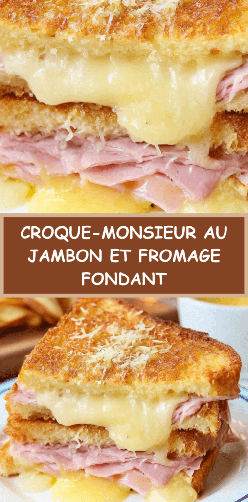 Croque-monsieur doré et croustillant au jambon blanc et fromage fondu, servi chaud avec salade verte sur table en bois.