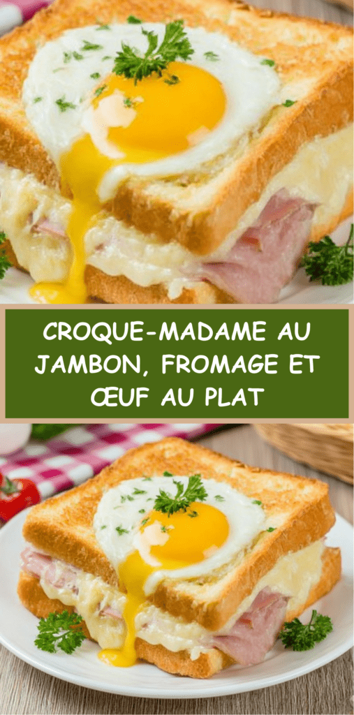Croque-madame doré au four avec jambon blanc, fromage fondu et œuf au plat coulant, servi chaud avec herbes fraîches.