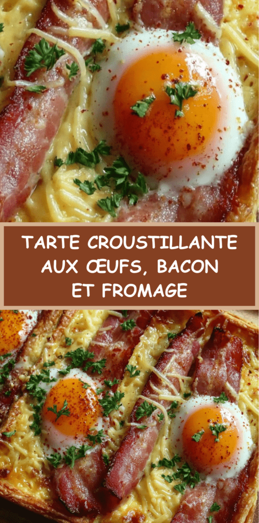 Tarte croustillante aux œufs au plat, bacon doré et fromage fondu sur pâte feuilletée, servie chaude avec persil frais.