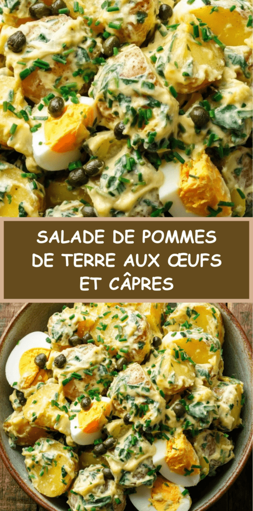Salade de pommes de terre nouvelles aux œufs durs et câpres, mélangée à une sauce crémeuse à la ciboulette, servie froide dans un saladier.