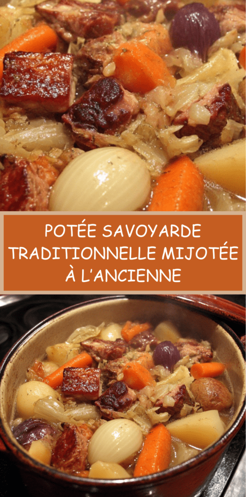 Potée savoyarde traditionnelle en cocotte avec chou vert, palette de porc, saucisses fumées, carottes et pommes de terre servie bien chaude.