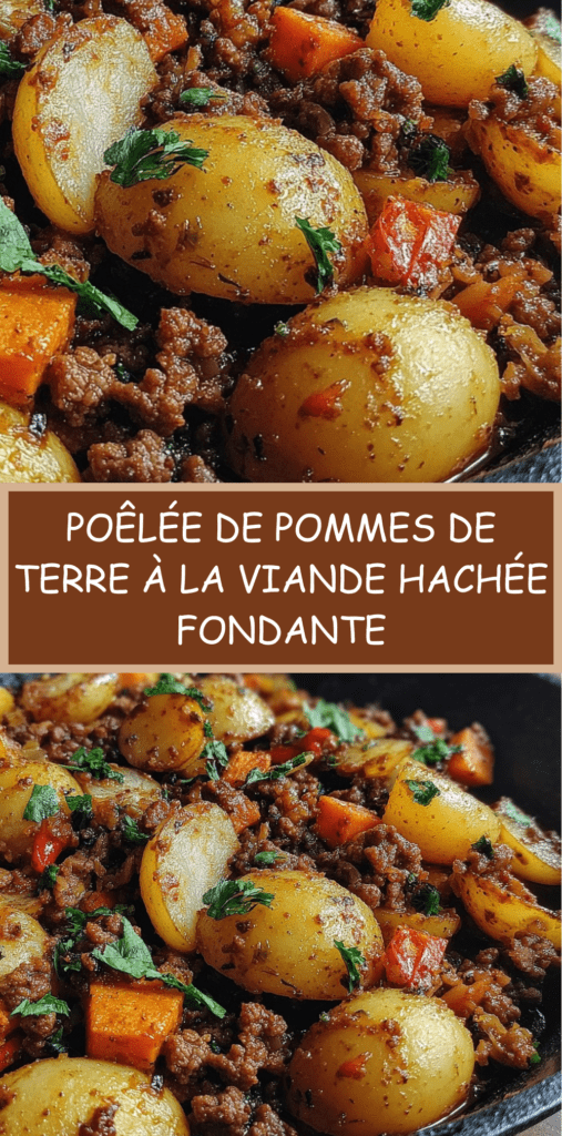 Poêlée de pommes de terre grenailles dorées avec viande hachée, carottes, poivron rouge et persil frais servie bien chaude.