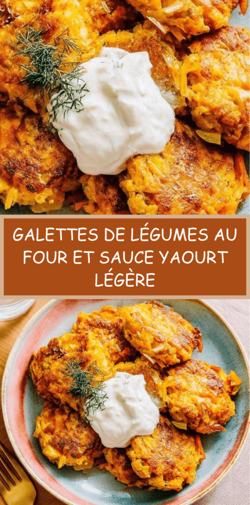 Galettes de légumes dorées au four à base de carottes et courgettes, servies avec une sauce yaourt citronnée aux herbes fraîches.
