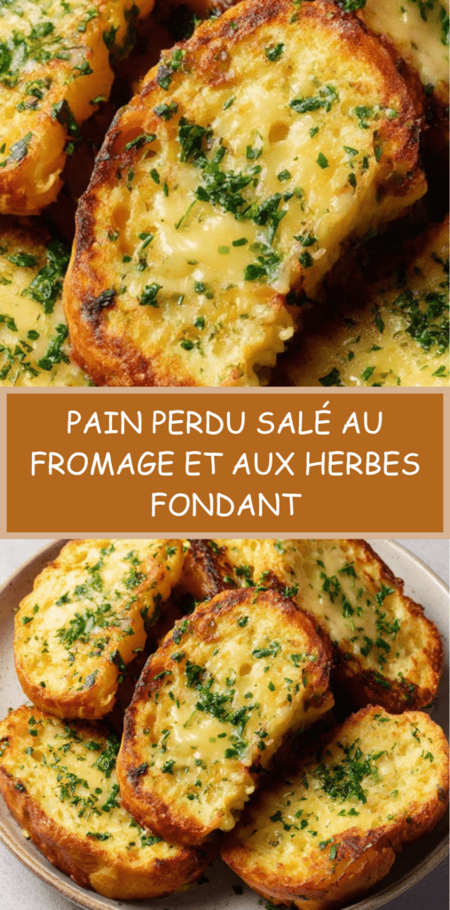 Tranches de pain perdu salé dorées à la poêle avec fromage fondu et herbes fraîches, servies chaudes sur assiette.