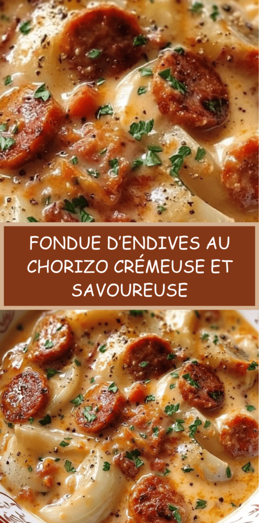 Fondue d’endives au chorizo servie dans une poêle, sauce crémeuse onctueuse, rondelles de chorizo dorées, persil frais ciselé et texture fondante des endives.
