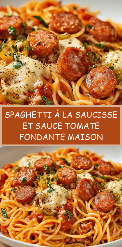 Assiette de spaghetti à la saucisse nappés de sauce tomate fondante, fromage râpé fondant sur le dessus, persil frais, présentation gourmande et chaleureuse.
