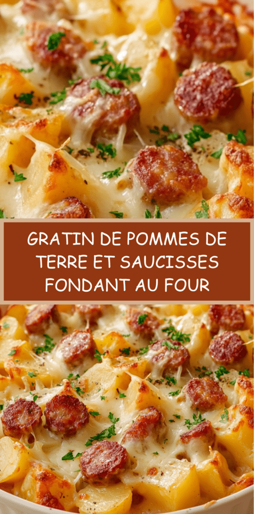 Gratin de pommes de terre et saucisses doré au four dans un plat en céramique, fromage fondu gratiné, sauce crémeuse onctueuse et persil frais en décoration.