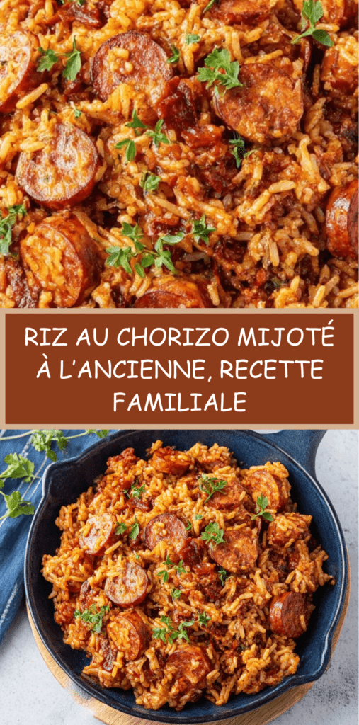 Riz au chorizo mijoté servi dans une poêle rustique, grains de riz fondants imprégnés de sauce tomate, rondelles de chorizo dorées et persil frais.
