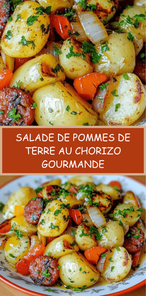 Salade de pommes de terre au chorizo servie dans un grand saladier, morceaux de pommes de terre dorés, dés de poivrons colorés, rondelles de chorizo croustillantes et persil frais.