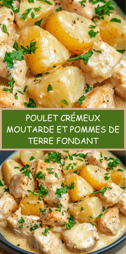 Poulet crémeux à la moutarde servi dans une poêle, morceaux de poulet dorés nappés de sauce onctueuse, pommes de terre fondantes et persil frais en garniture.