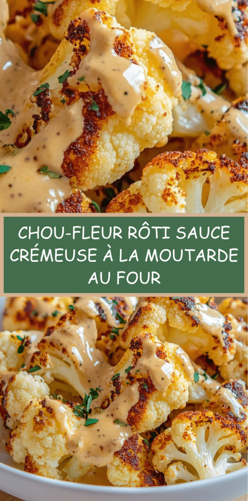 Chou-fleur rôti au four nappé de sauce crémeuse à la moutarde, fleurettes dorées et croustillantes, thym frais et présentation gourmande dans un plat blanc.