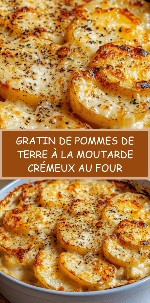 Gratin de pommes de terre à la moutarde doré au four, couches fondantes de pommes de terre nappées de sauce crémeuse, fromage gratiné et persil frais en finition.