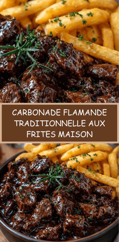 Carbonade flamande mijotée à la bière brune dans une cocotte, morceaux de bœuf fondants nappés de sauce épaisse, frites maison dorées et herbes fraîches.
