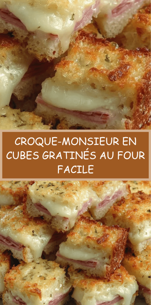 Cubes de croque-monsieur gratinés au four dans un plat, pain de mie doré et croustillant, jambon blanc, fromage fondu filant et herbes de Provence.