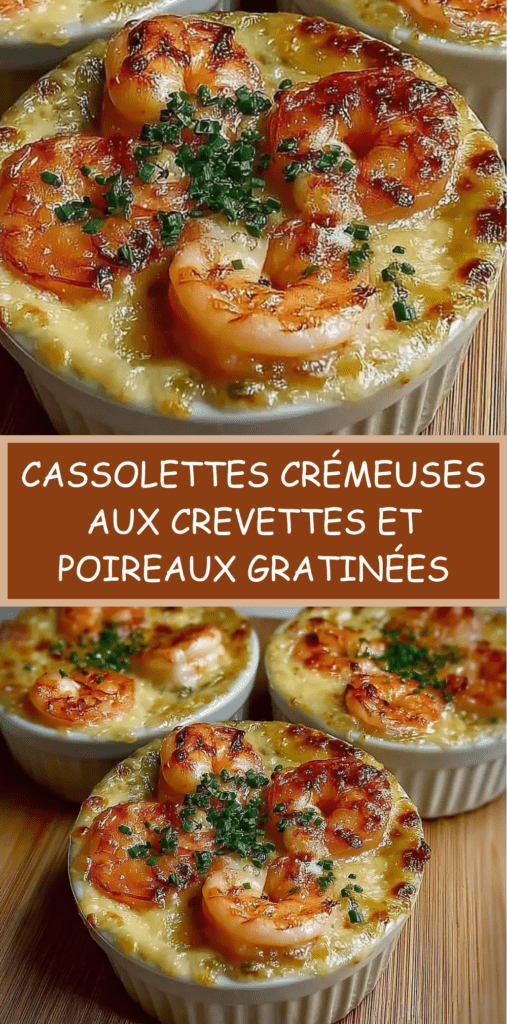 Cassolettes aux crevettes et poireaux gratinées au four, sauce crémeuse onctueuse, fromage doré, herbes fraîches et présentation chaude et gourmande.