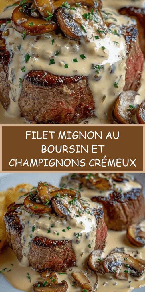Filet mignon de porc en médaillons nappé de sauce crémeuse au Boursin, champignons dorés, persil frais et présentation chaude et gourmande dans une poêle.