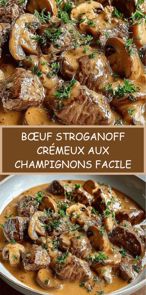 Bœuf Stroganoff crémeux aux champignons servi chaud dans une poêle, morceaux de bœuf tendres nappés de sauce onctueuse, persil frais et champignons dorés.