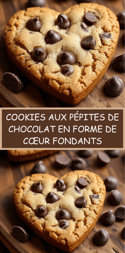 Cookies aux pépites de chocolat en forme de cœur, dorés sur les bords et moelleux au centre, pépites fondantes visibles, présentation gourmande sur une plaque.