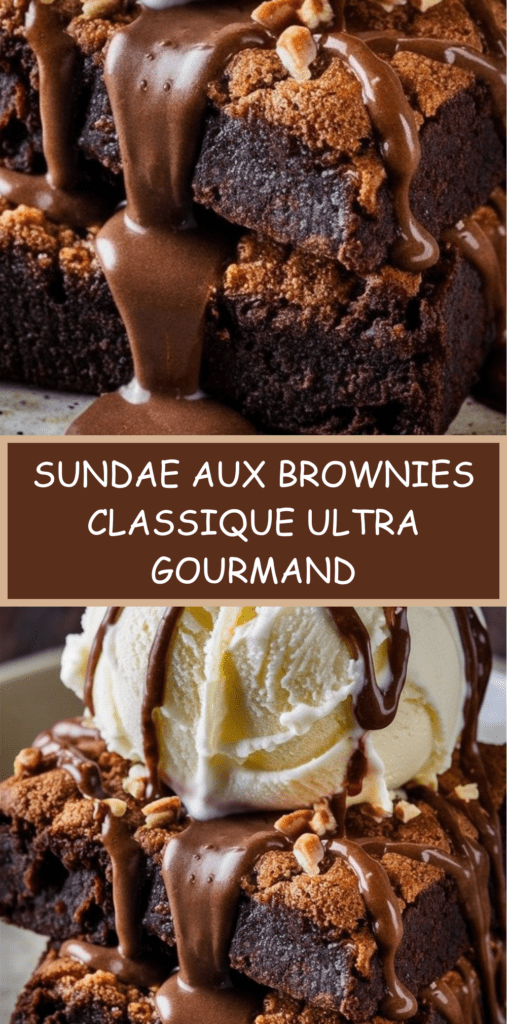 Sundae aux brownies avec brownie chaud, boule de glace vanille, sauce chocolat fondante et noix croquantes, présentation gourmande dans un bol.