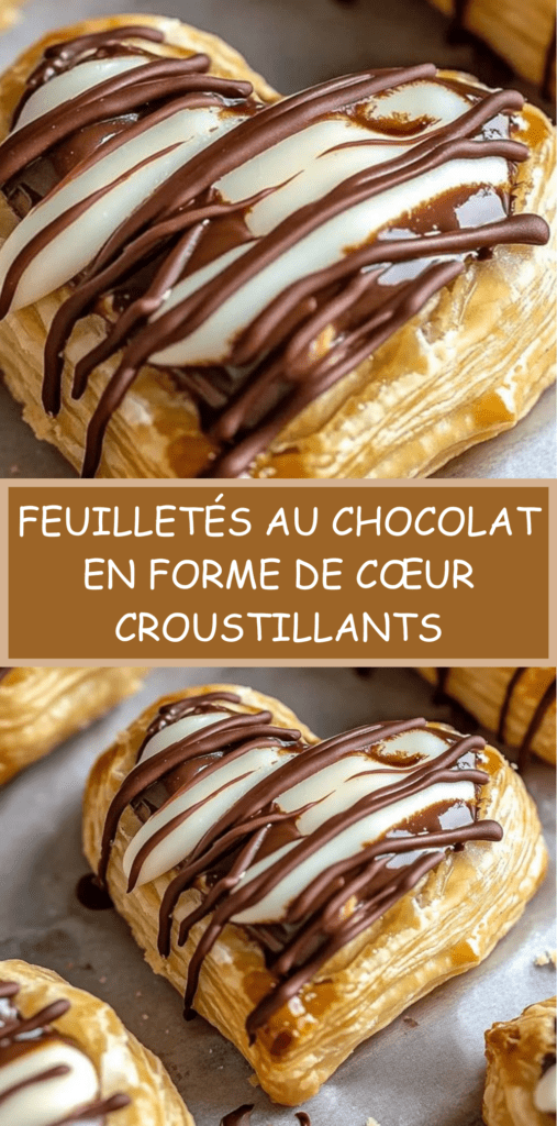 Feuilletés au chocolat en forme de cœur garnis de chocolat, pâte feuilletée dorée et croustillante, filets de chocolat au lait et blanc, présentation élégante sur assiette.