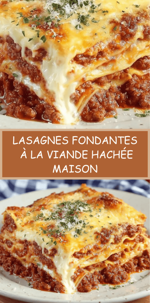 Lasagnes à la viande hachée gratinées au four, couches visibles de pâtes, sauce tomate, béchamel crémeuse et fromage doré dans un plat familial.