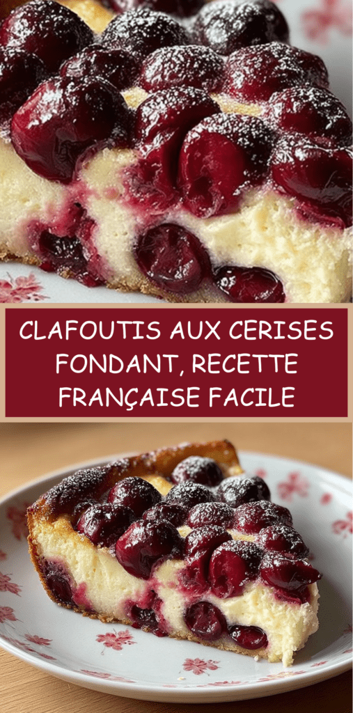 Clafoutis aux cerises maison doré au four, cerises visibles à la surface, texture fondante et moelleuse, servi dans un plat rustique sur table en bois.