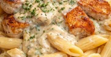 Assiette de pâtes au poulet nappées de sauce crémeuse au Boursin, morceaux de poulet dorés, herbes fraîches et parmesan râpé, présentation chaude et gourmande.