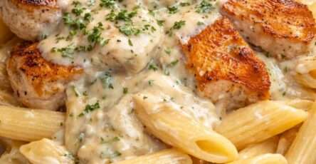 Assiette de pâtes au poulet nappées de sauce crémeuse au Boursin, morceaux de poulet dorés, herbes fraîches et parmesan râpé, présentation chaude et gourmande.