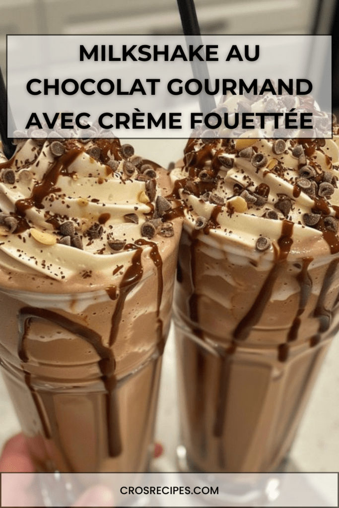 Grand verre de milkshake au chocolat crémeux décoré de sirop de chocolat, garni de crème fouettée, pépites de chocolat et éclats de noix