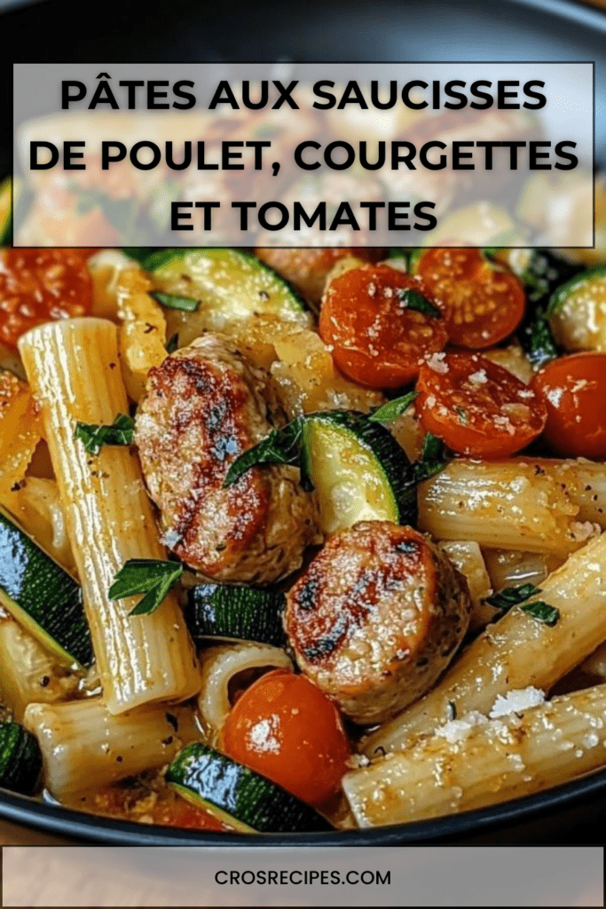 Assiette de pâtes aux saucisses de poulet avec courgettes et tomates cerises, garnie de parmesan et d’herbes fraîches