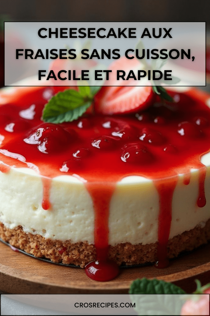 Cheesecake aux fraises sans cuisson avec base biscuitée, crème au fromage frais et coulis de fraises coulant sur les bords, décoré de fraises fraîches et de menthe