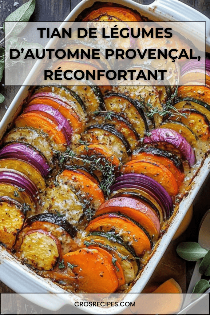 Tian de légumes d’automne au potimarron, patates douces et carottes, disposés en rosace et gratinés au four avec herbes de Provence