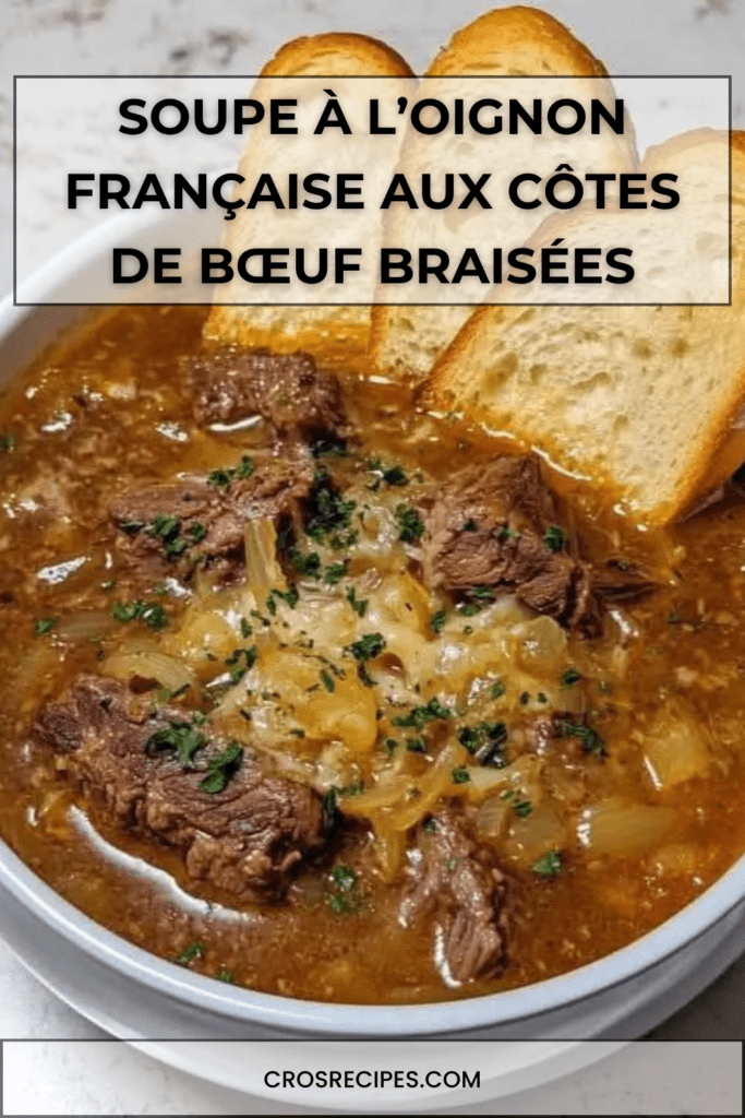 Soupe à l’oignon française gratinée au fromage avec bœuf braisé effiloché, pain croustillant et fromage fondu doré