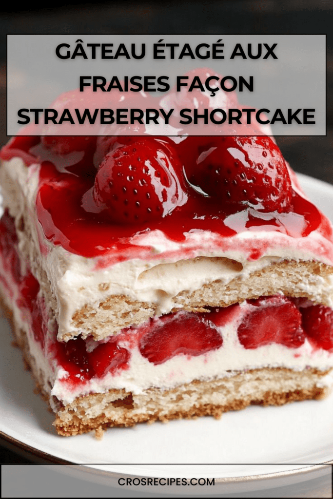 Gâteau étagé aux fraises façon strawberry shortcake, couches de biscuits imbibés, crème mascarpone onctueuse et fraises fraîches