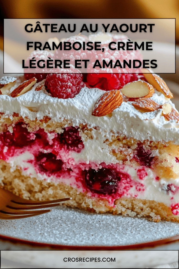 Gâteau au yaourt revisité aux framboises garni de crème légère et d’amandes effilées, présenté sur un plat avec texture moelleuse et fruits frais.