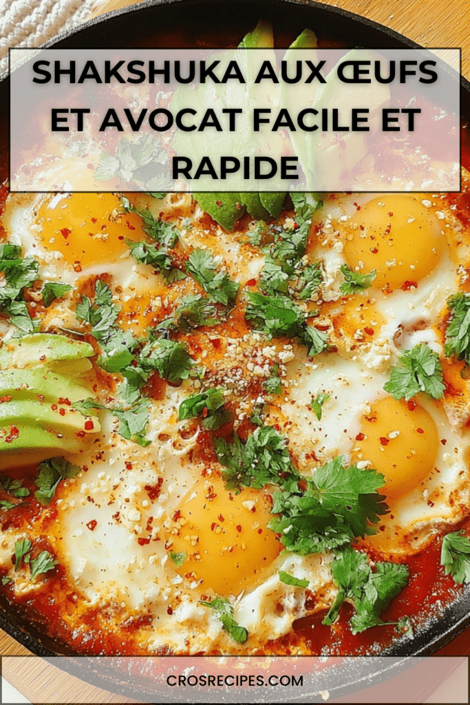 Shakshuka aux œufs coulants dans une sauce tomate, garnie d’avocat frais, feta émiettée et coriandre, servie avec pain grillé.