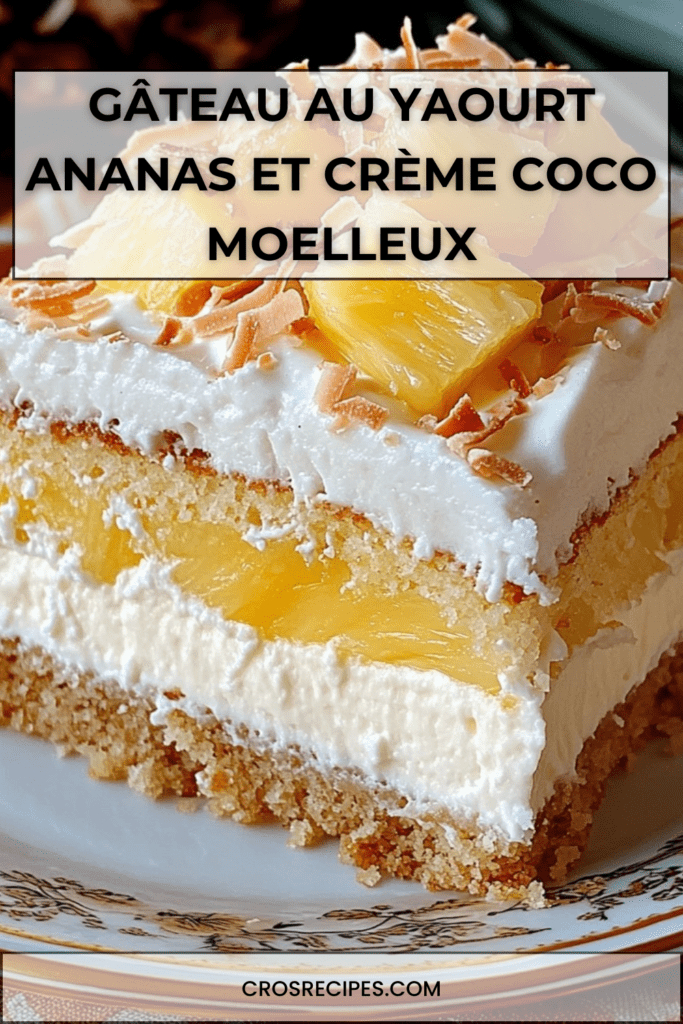 Gâteau au yaourt garni d’ananas et recouvert de crème coco onctueuse, décoré de noix de coco râpée et copeaux, présenté en dessert gourmand.
