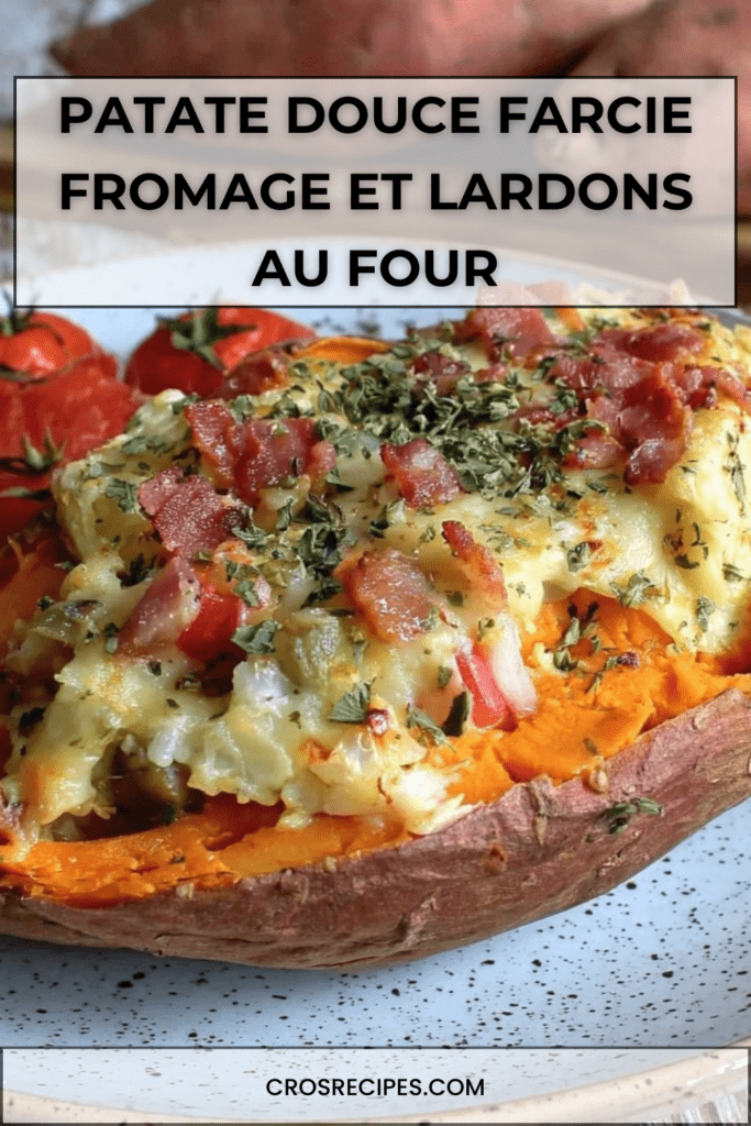 Patate douce farcie aux lardons et fromage fondu, gratinée au four, garnie de tomates cerises et persil frais, servie chaude.