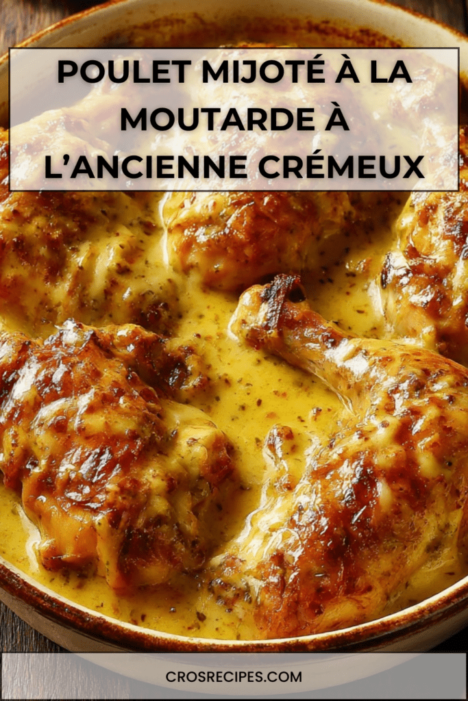 Poulet mijoté à la moutarde à l’ancienne en cocotte, cuisses de poulet fondantes nappées d’une sauce crémeuse aux oignons et moutarde.