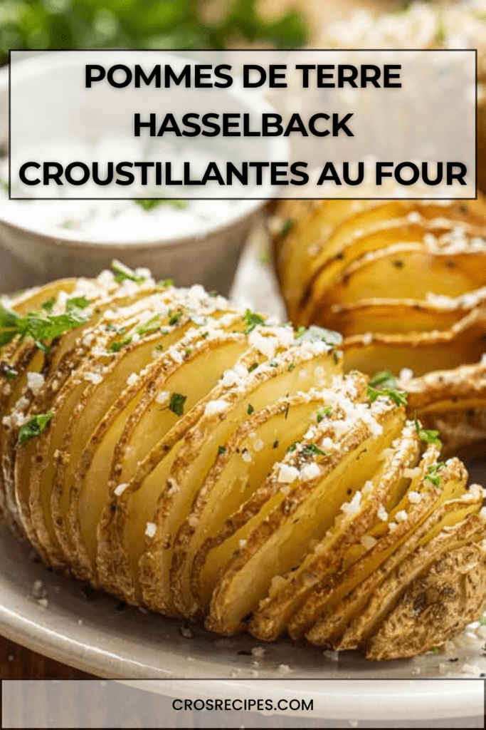 Pommes de terre Hasselback dorées et croustillantes au four, entaillées en accordéon, badigeonnées de beurre, ail et herbes fraîches.