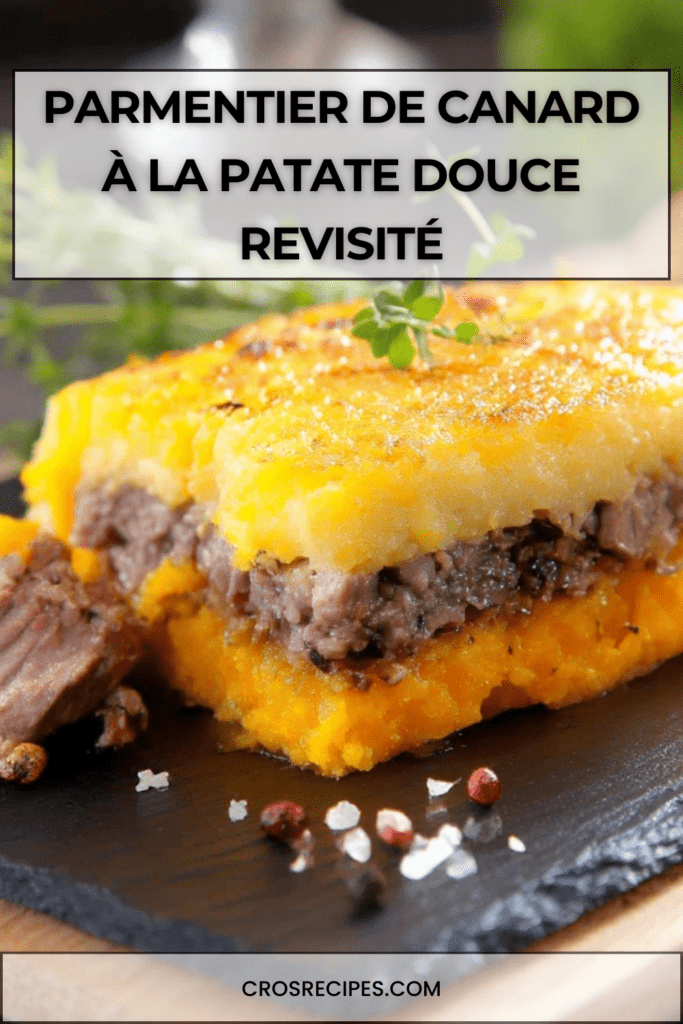 Parmentier de canard à la patate douce gratiné au four, doré sur le dessus, servi chaud dans un plat à gratin avec texture fondante.