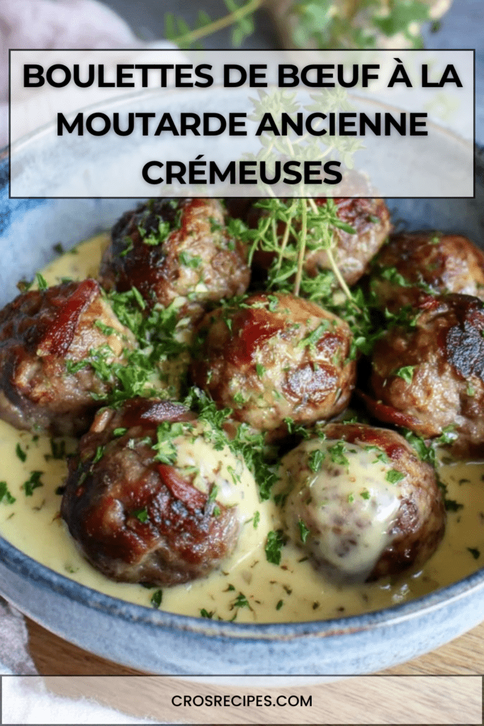 Boulettes de bœuf à la moutarde ancienne nappées de sauce crémeuse, servies chaudes dans une poêle avec herbes fraîches et texture fondante.