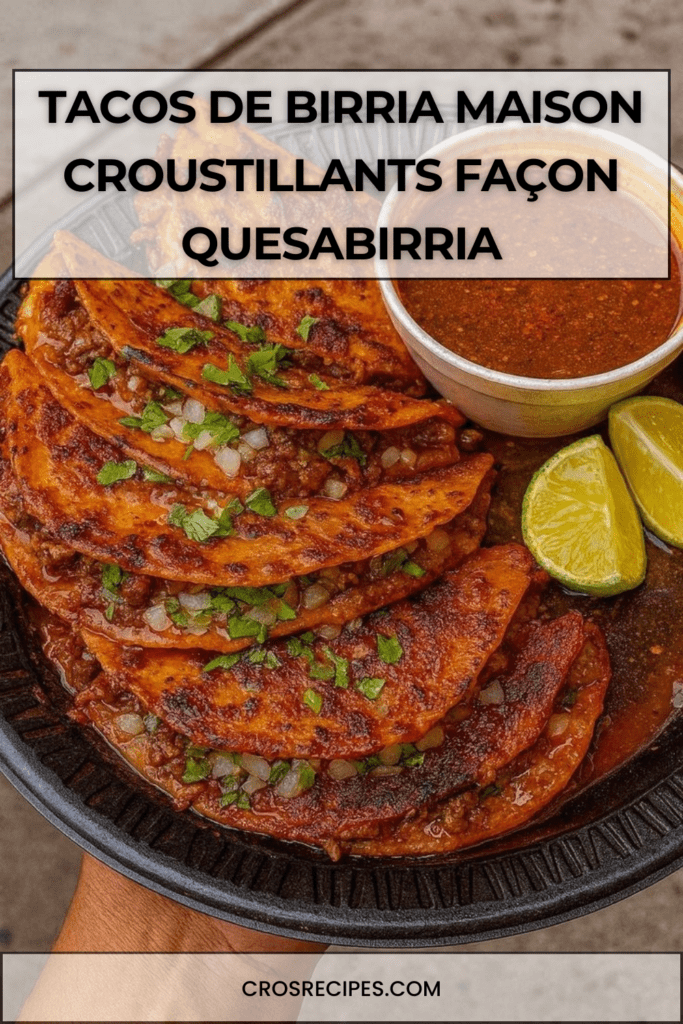 Tacos de birria croustillants garnis de bœuf effiloché et fromage fondu, servis avec un bol de consommé épicé et garnitures fraîches.