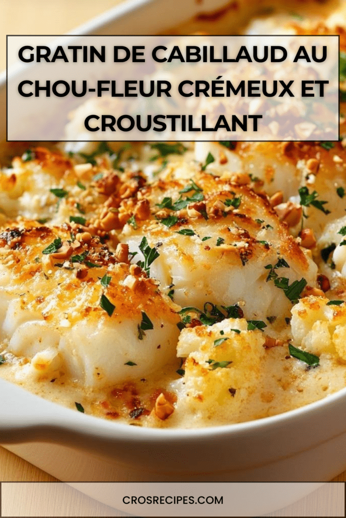 Gratin de cabillaud au chou-fleur nappé de crème, gratiné au fromage et parsemé de fruits secs dorés, servi chaud dans un plat familial.