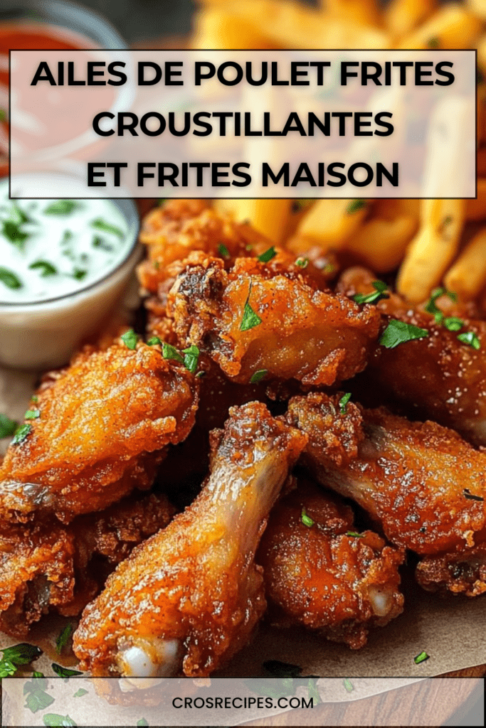 Ailes de poulet frites croustillantes dorées accompagnées de frites maison et sauce Buffalo, servies sur un plateau avec persil frais.