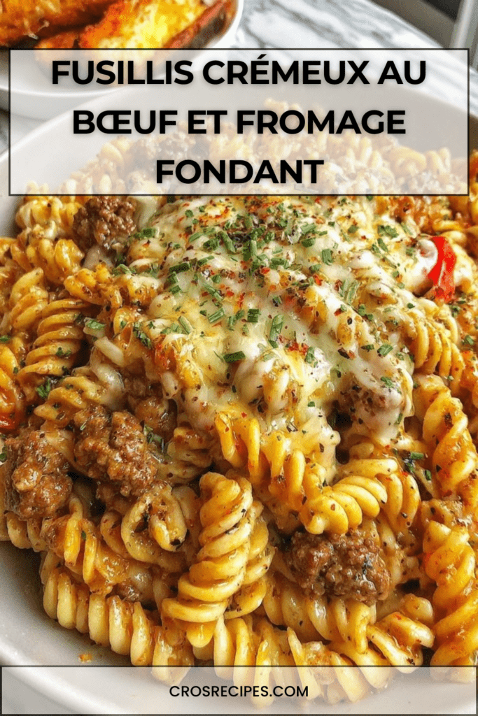 Assiette de fusillis crémeux au bœuf haché et fromage fondu, sauce tomate crémeuse, garnie de persil frais, servie chaude sur table en bois.