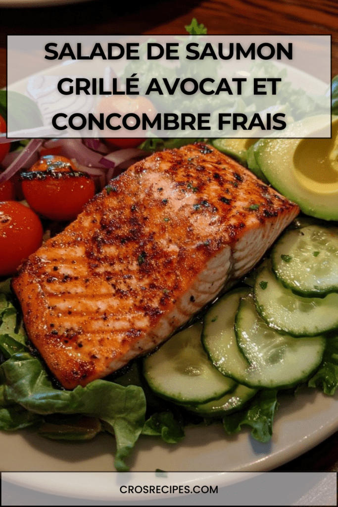 Salade de saumon grillé doré, tranches d’avocat mûr, concombre croquant, tomates cerises et vinaigrette citronnée dans une assiette blanche.