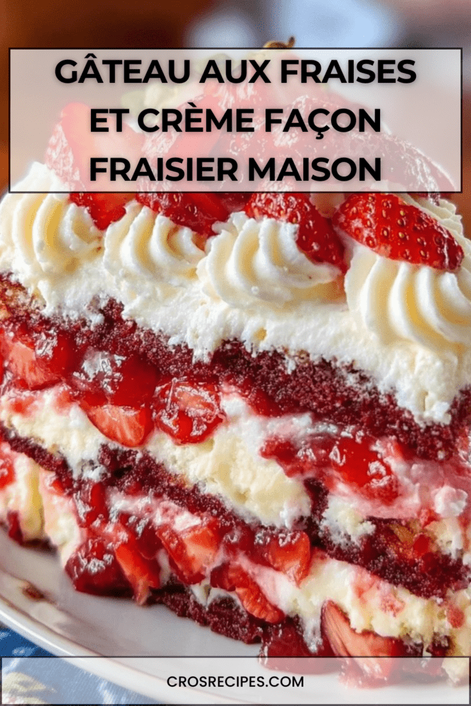 Gâteau aux fraises type fraisier avec génoise moelleuse, crème mascarpone lisse et fraises fraîches disposées en couronne, présenté sur un plat blanc élégant.