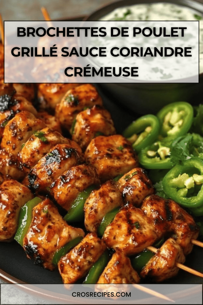 Brochettes de poulet grillé dorées avec poivron et oignon rouge, accompagnées d’une sauce crémeuse à la coriandre, servies chaudes sur un plat en bois.