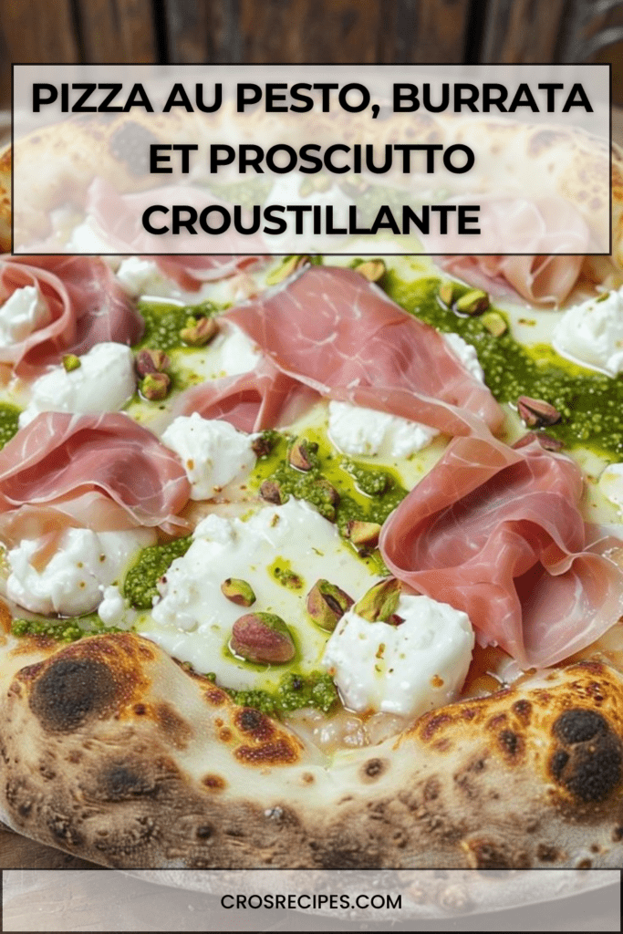 Pizza dorée au four garnie de pesto vert, burrata fondante, tranches fines de prosciutto et pistaches concassées, arrosée d’huile d’olive et décorée de basilic frais.